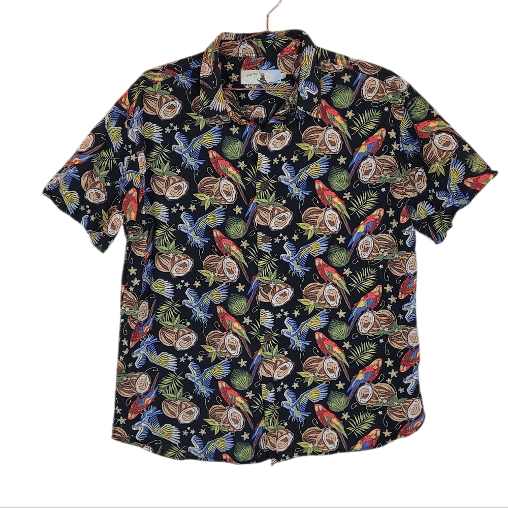 HIGH SURF Short Sleeve Button Front Shirt Size XL Coconut Parrot Tropical